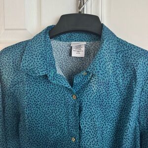 Jaclyn Smith Women's XL Teal Blue Button Down Shirt Blouse 3/4 Roll-Tab Sleeve